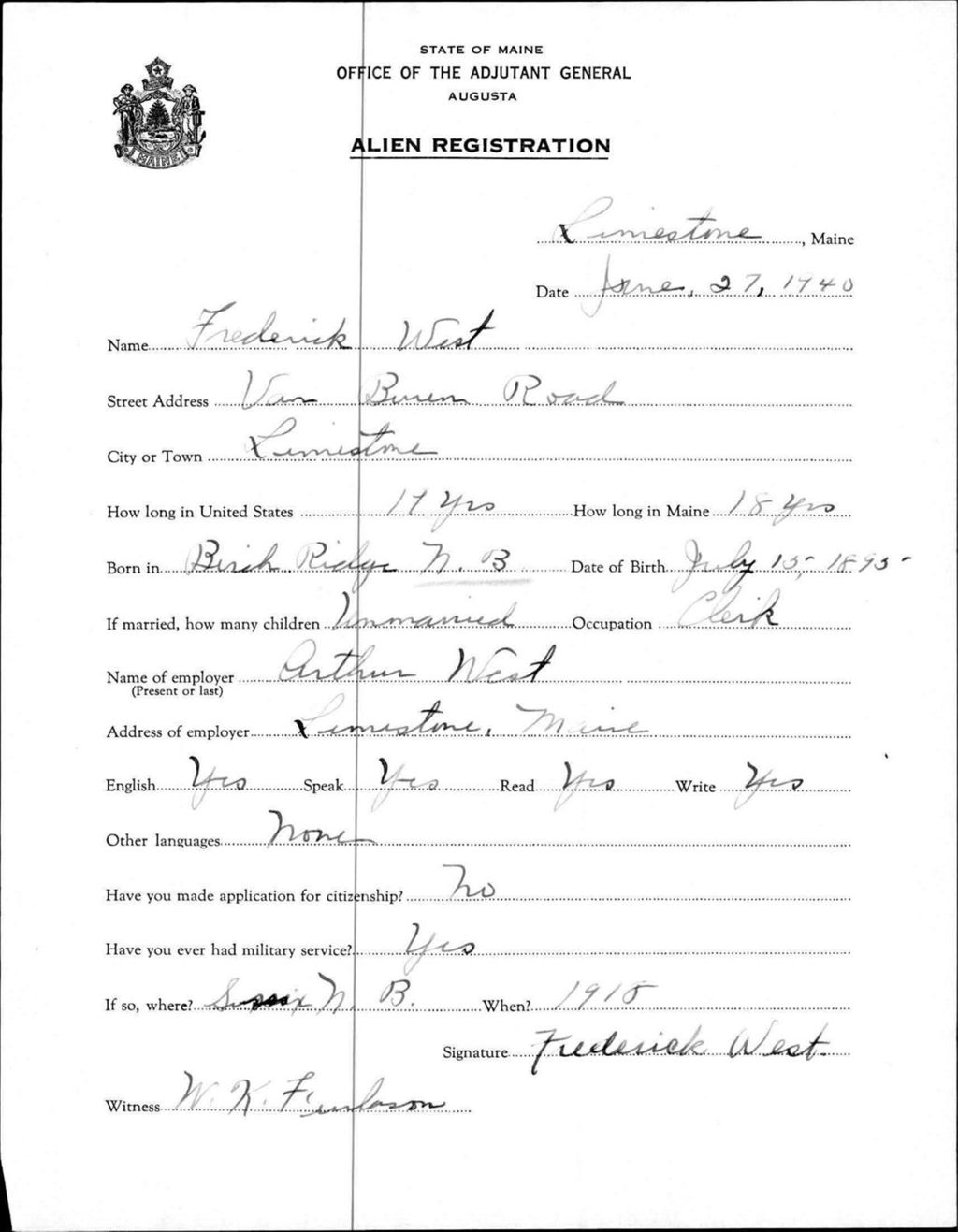 Miniature of Alien Registration- West, Frederick (Limestone, Aroostook County)