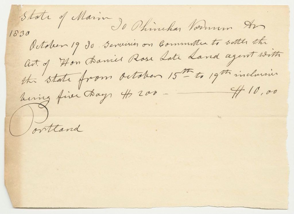Miniature of Bill from Phinehas Varnum for Work as Supervisor of the Committee Appointed to Settle Accounts with the Late Land Agent, Daniel Rose