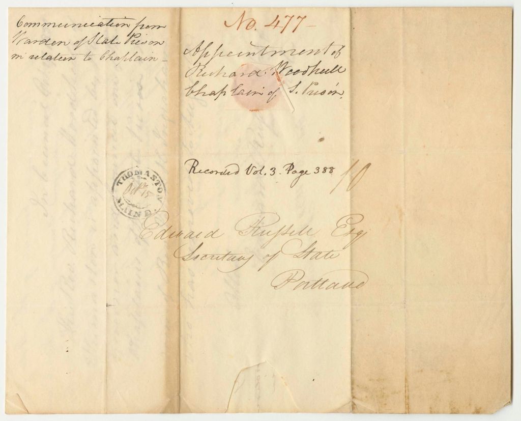 Miniature of Report 477: Appointment of Richard Woodhull, Chaplain of the State Prison
