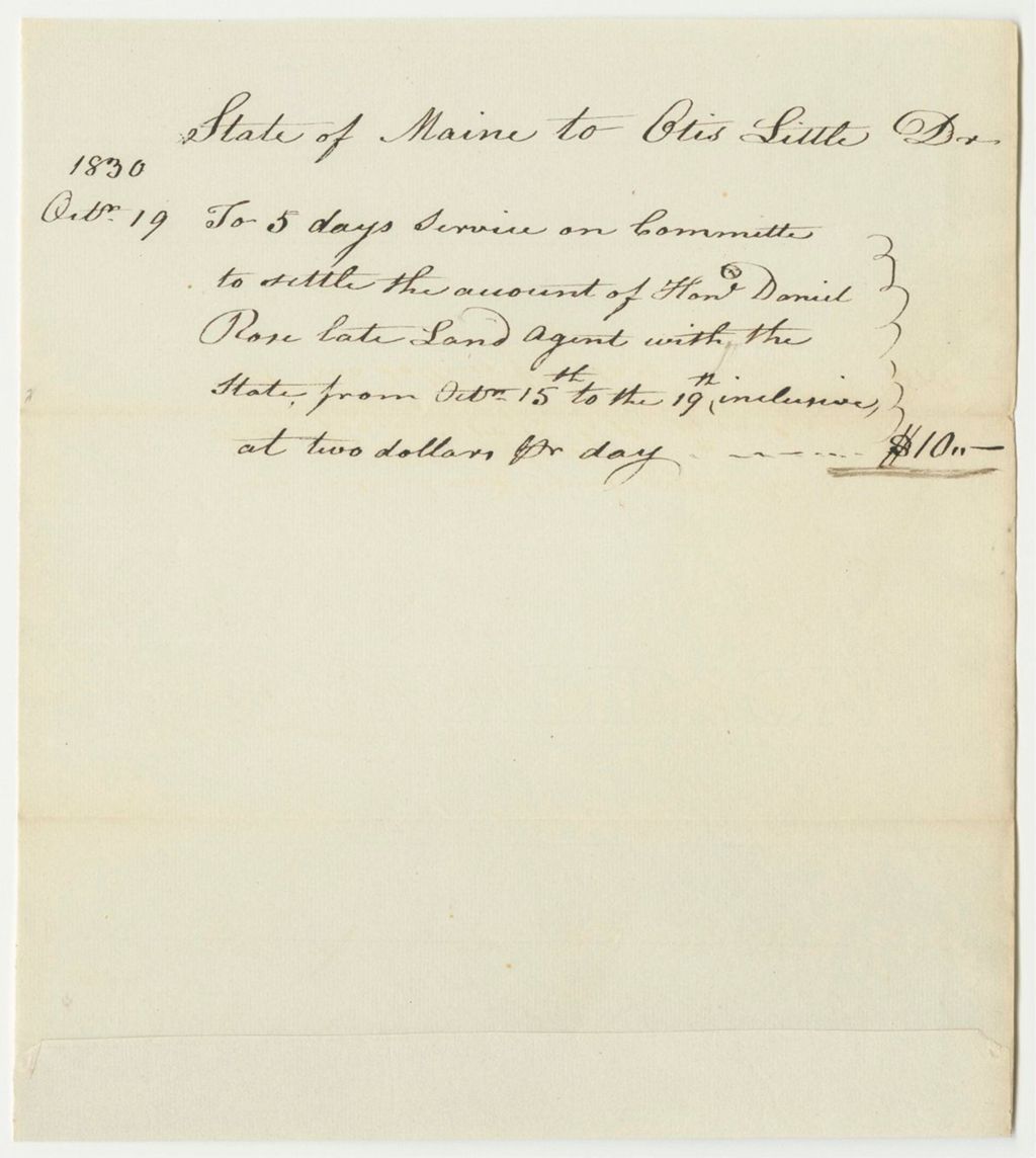 Miniature of Bill from Otis Little for Service on the Committee Appointed to Settle Accounts with the Late Land Agent, Daniel Rose