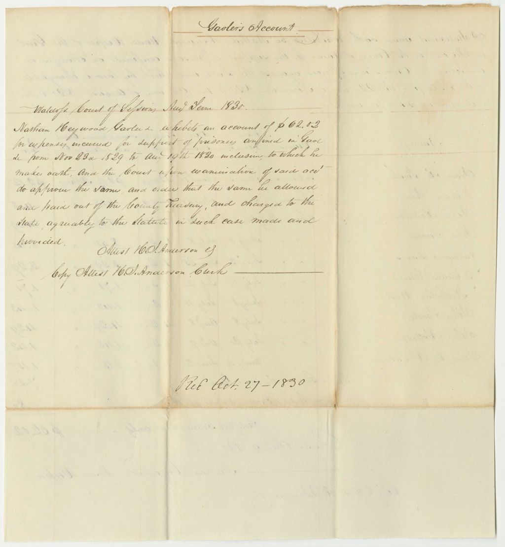 Miniature of Account of Nathan Heywood, Under Keeper of the Gaol in Belfast in the County of Waldo, for the Support of Persons Confined Therein on Charges or Conviction of Crimes and Offences Against the State, from November 23rd 1830 to August 19th 1830