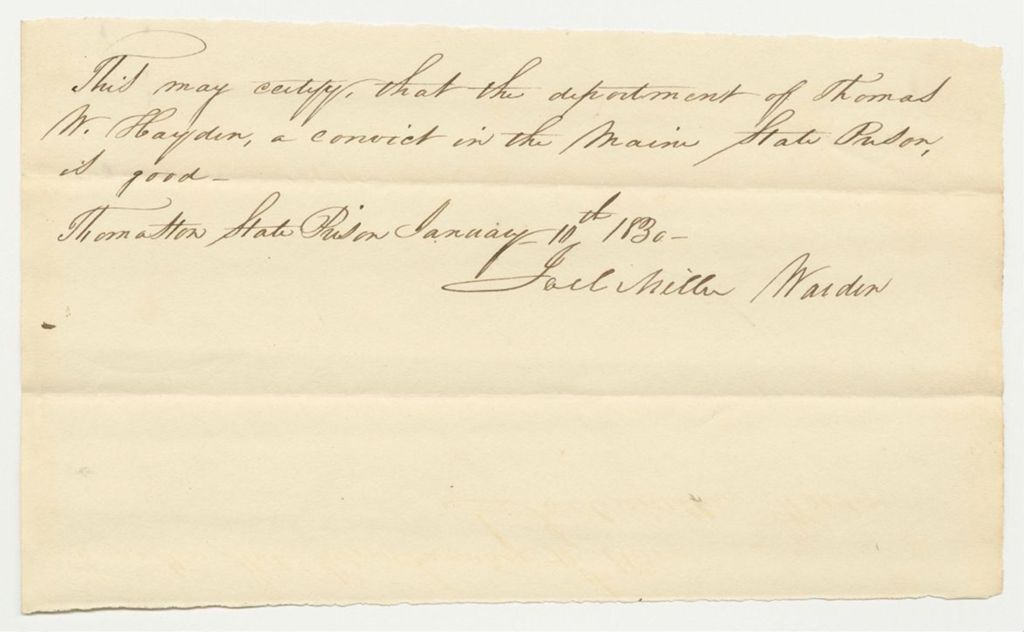 Miniature of Certificate of Joel Miller, Warden of Thomaston State Prison, on the Character of Thomas Hayden