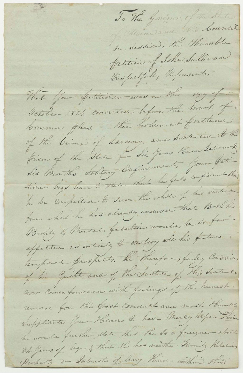 Miniature of Petition of John Sullivan for a Pardon