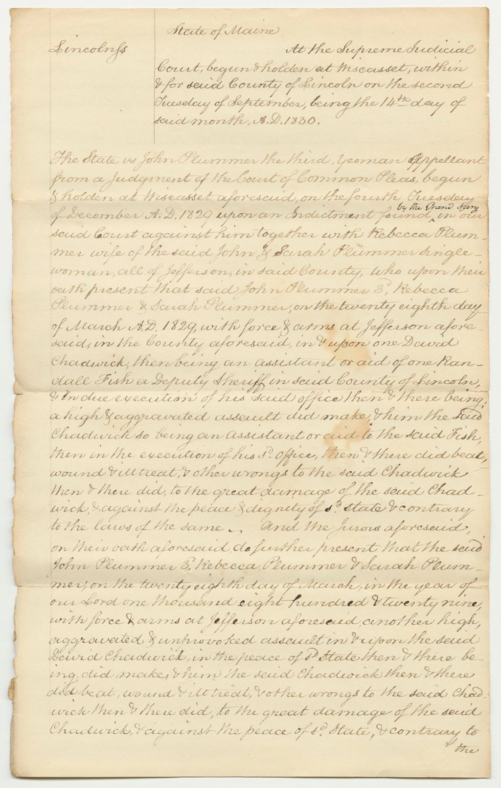 Miniature of State of Maine v. John Plummer, Copy of Judgement