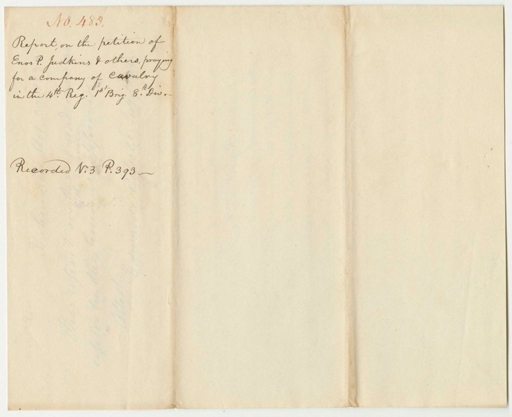 Miniature of Report 483: Report on the Petition of Enoch P. Judkins and Others Praying for a Company of Cavalry in the 4th Regiment 1st Brigade 8th Division