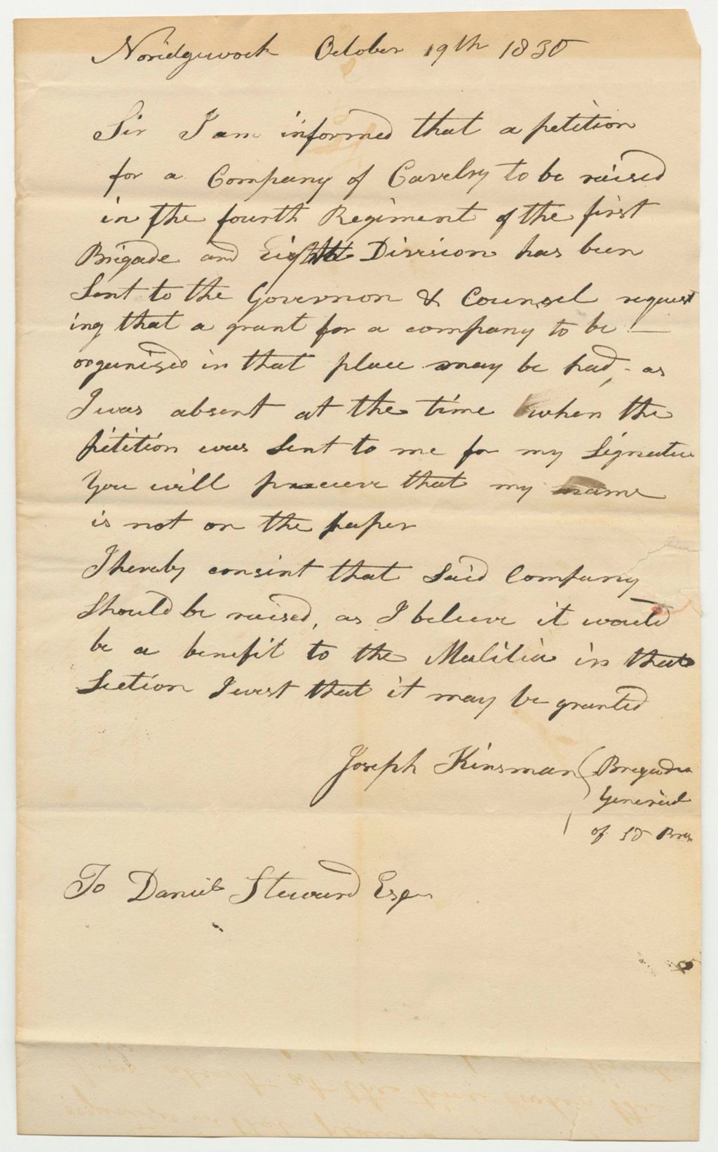 Miniature of Communication from Joseph Kinsman, Brigadier General, in Favor of the Petition to Raise a Company of Cavalry in the 1st Brigade and 8th Division