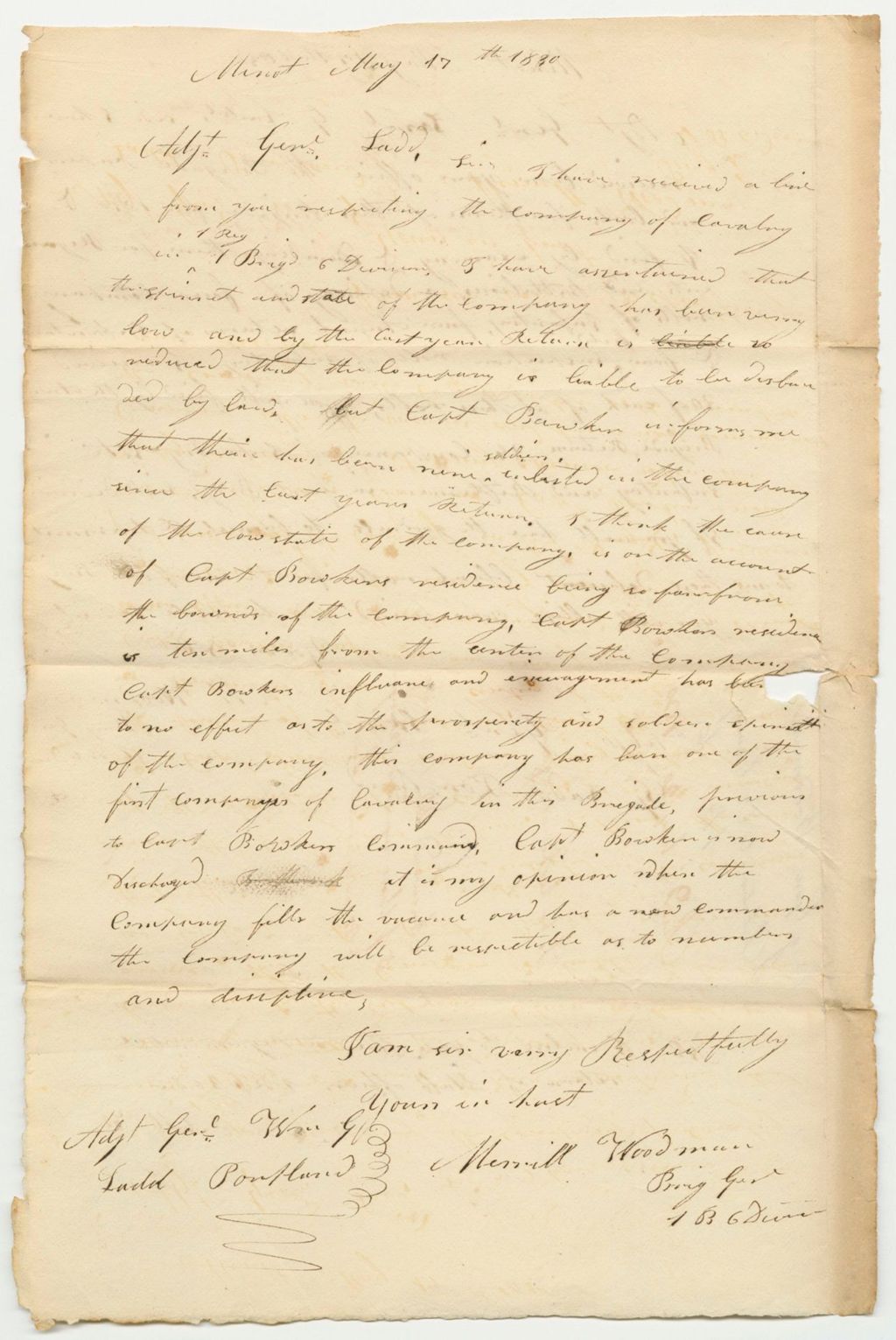 Miniature of Communication from Brigadier General Woodman to Samuel G. Ladd, in Relation to Disbanding the Company of Cavalry in the 1st Brigade 6th Division