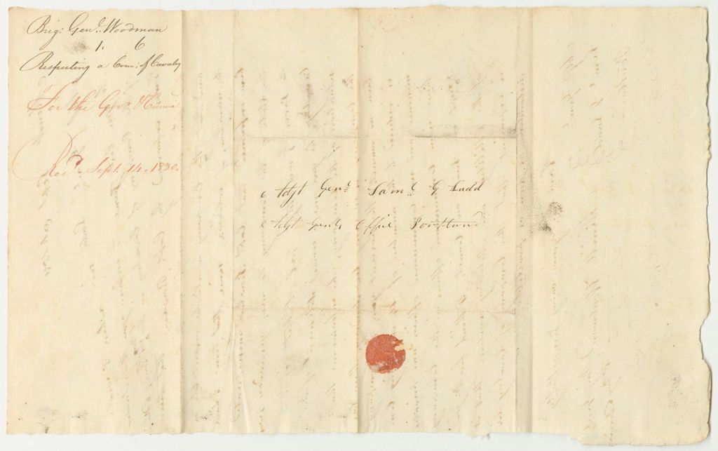 Miniature of Communication from Brigadier General Woodman to Samuel G. Ladd, in Relation to Disbanding the Company of Cavalry in the 1st Brigade 6th Division