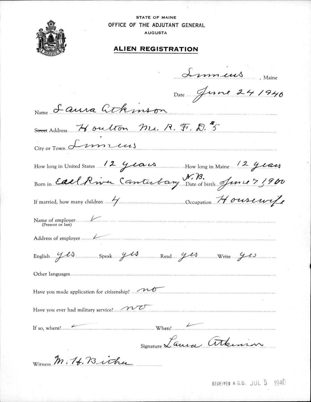 Miniature of Alien Registration- Atkinson, Laura (Limestone, Aroostook County)