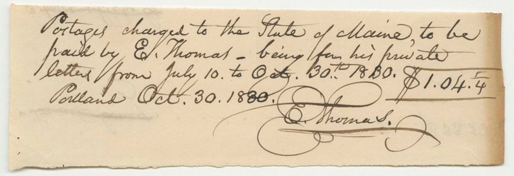 Miniature of Post-Office of Portland Receipt for Postage for Elias Thomas