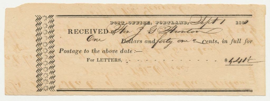 Miniature of Post-Office of Portland Receipt for Postage for Hon. J.G. Hunton