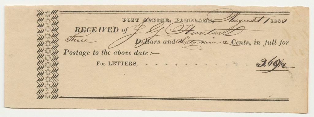 Miniature of Post-Office of Portland Receipt for Postage for Hon. J.G. Hunton