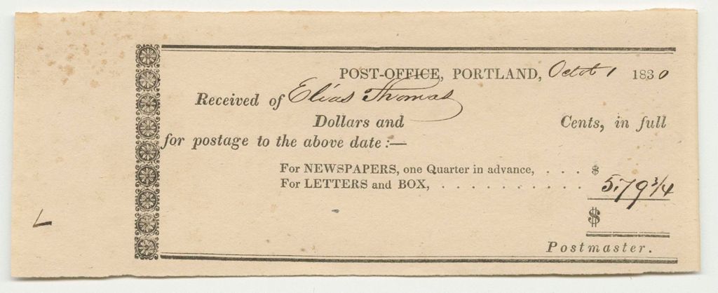Miniature of Post-Office of Portland Receipt for Postage for Elias Thomas