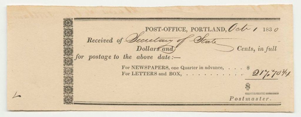 Miniature of Post-Office of Portland Receipt for Postage for the Secretary of State