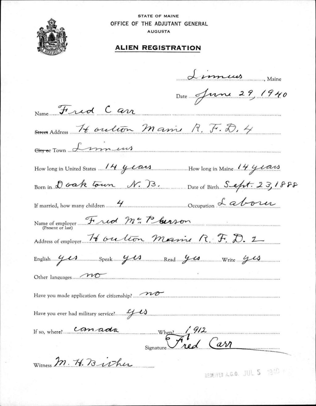 Miniature of Alien Registration- Carr, Fred (Limestone, Aroostook County)