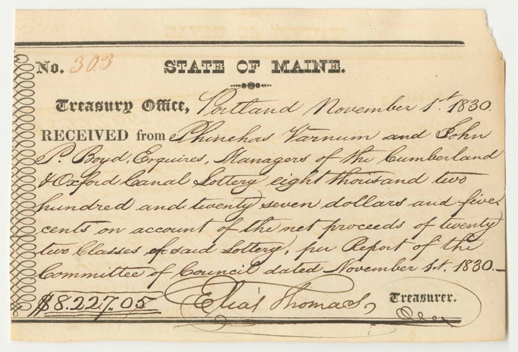 Miniature of Receipt from the Treasury Office for Phinehas Varnum and John P. Boyd, Managers of the Cumberland and Oxford Canal Lottery