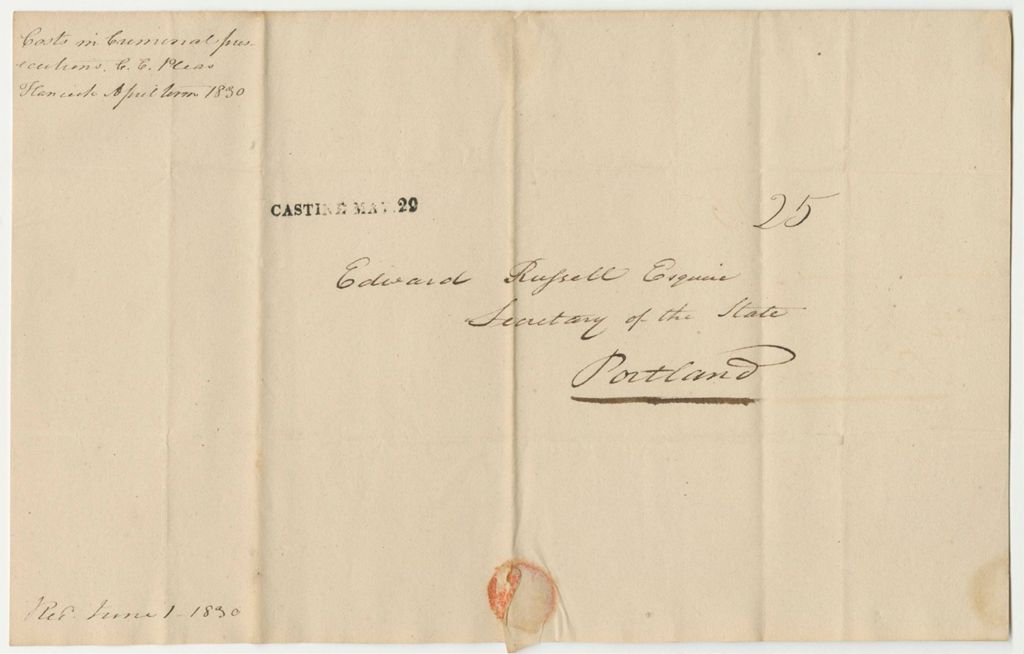 Miniature of General Bills of Costs in Criminal Prosecutions at the Court of Common Pleas in Hancock, June Term 1830