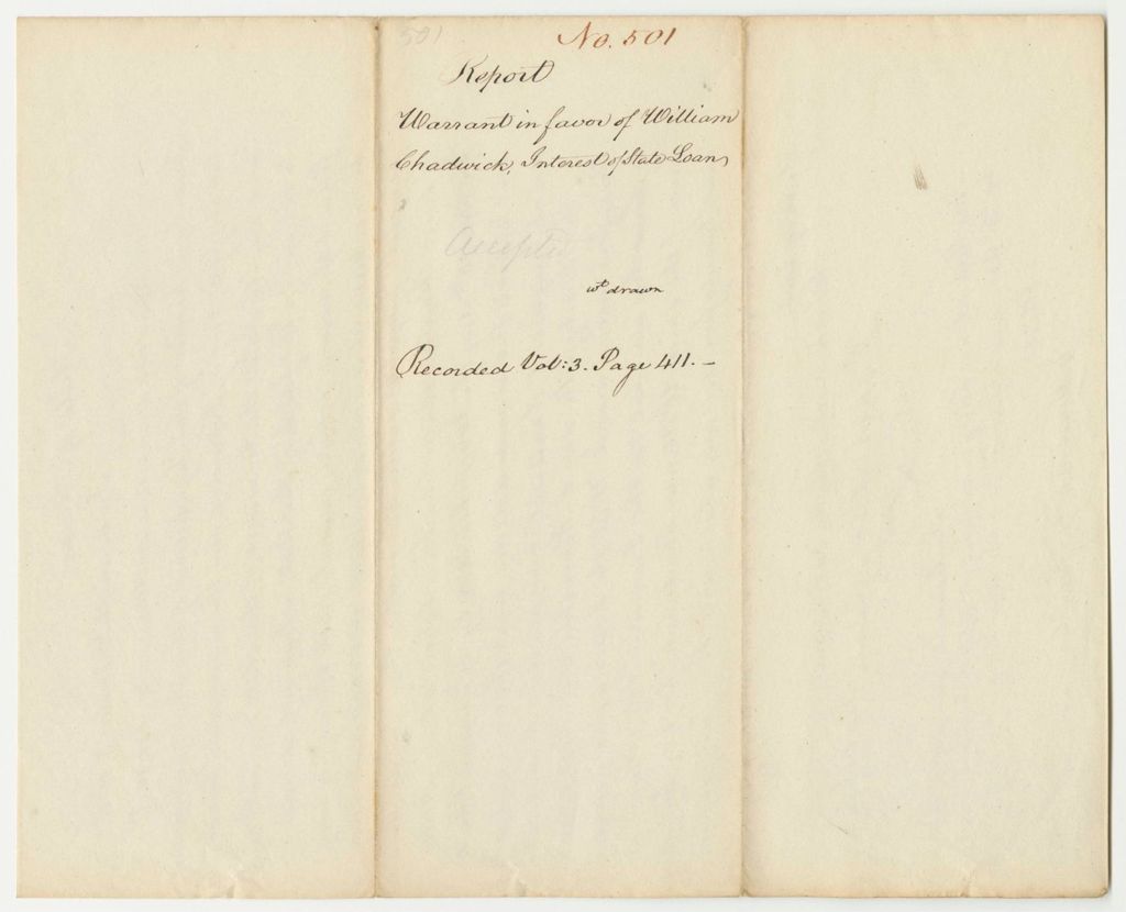 Miniature of Report 501: Report on the Warrant in Favor of William Chadwick, Interest on State Loan