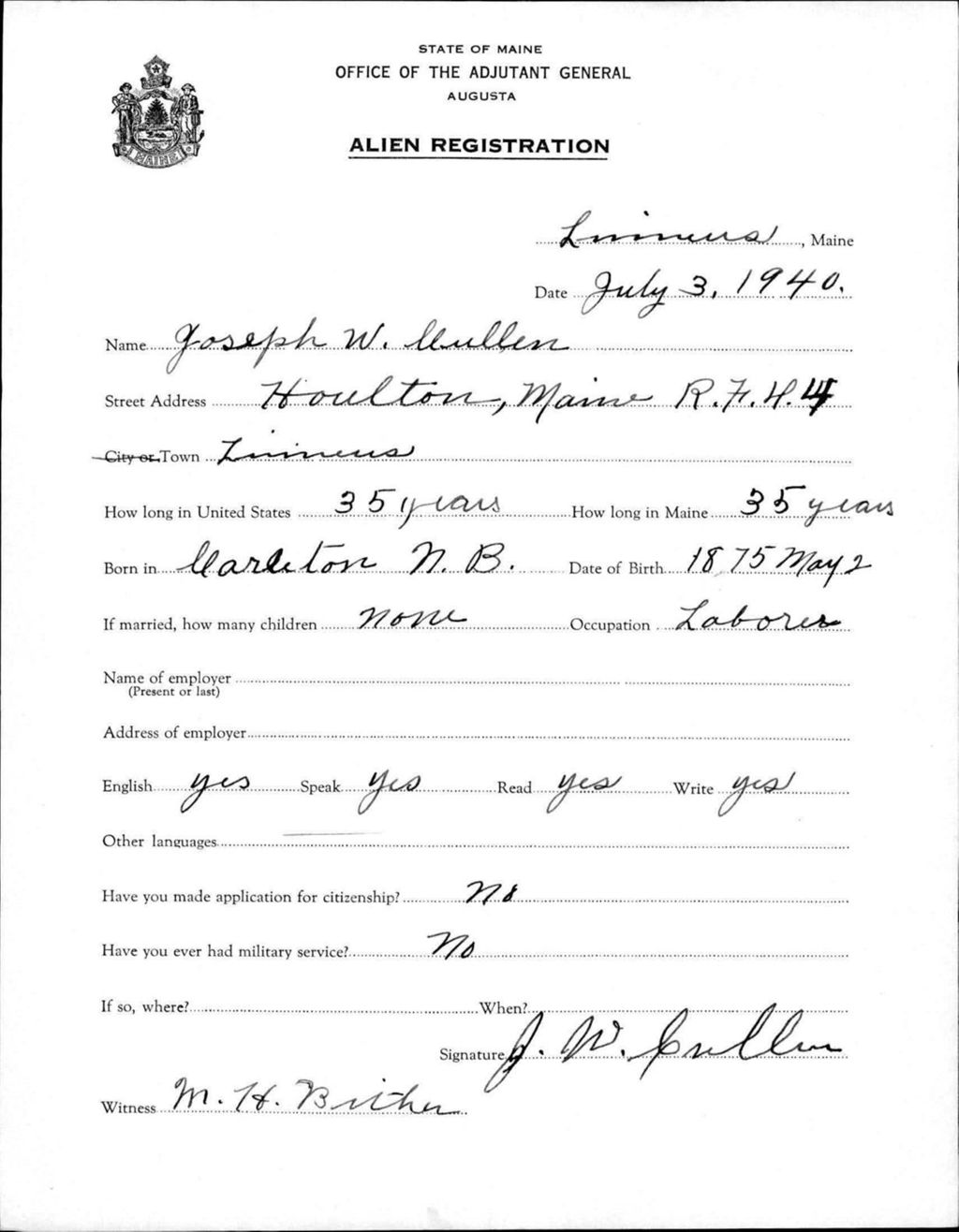 Miniature of Alien Registration- Cullen, Joseph W. (Limestone, Aroostook County)