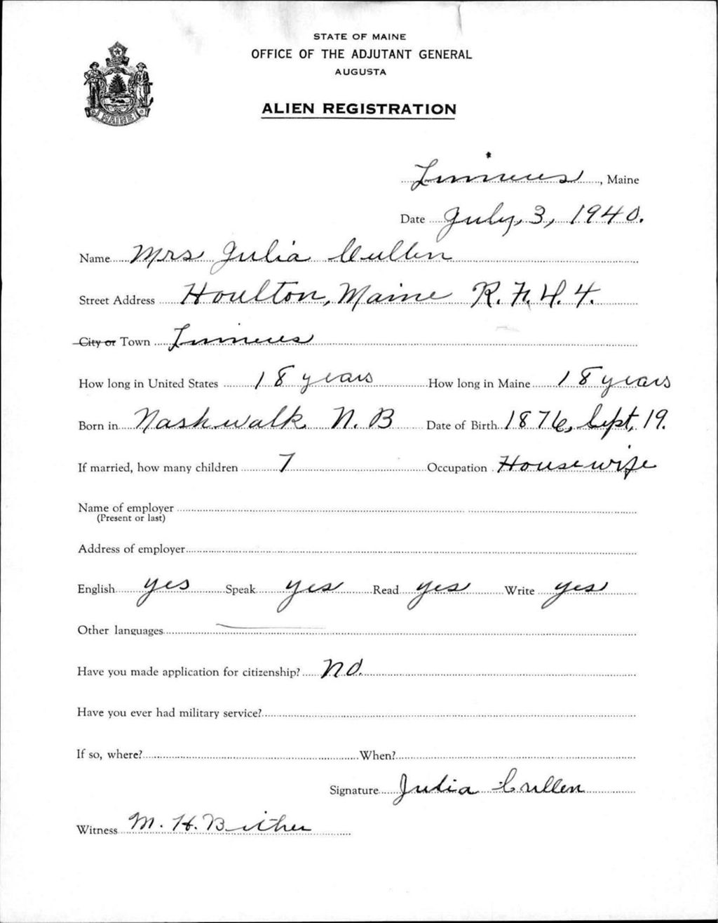 Miniature of Alien Registration- Cullen, Julia (Limestone, Aroostook County)
