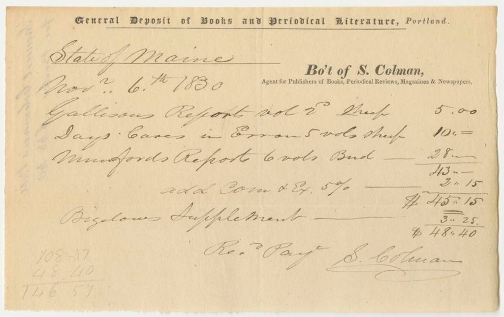 Miniature of Samuel Colman's Bill for Gallison's Reports and Manford's Reports