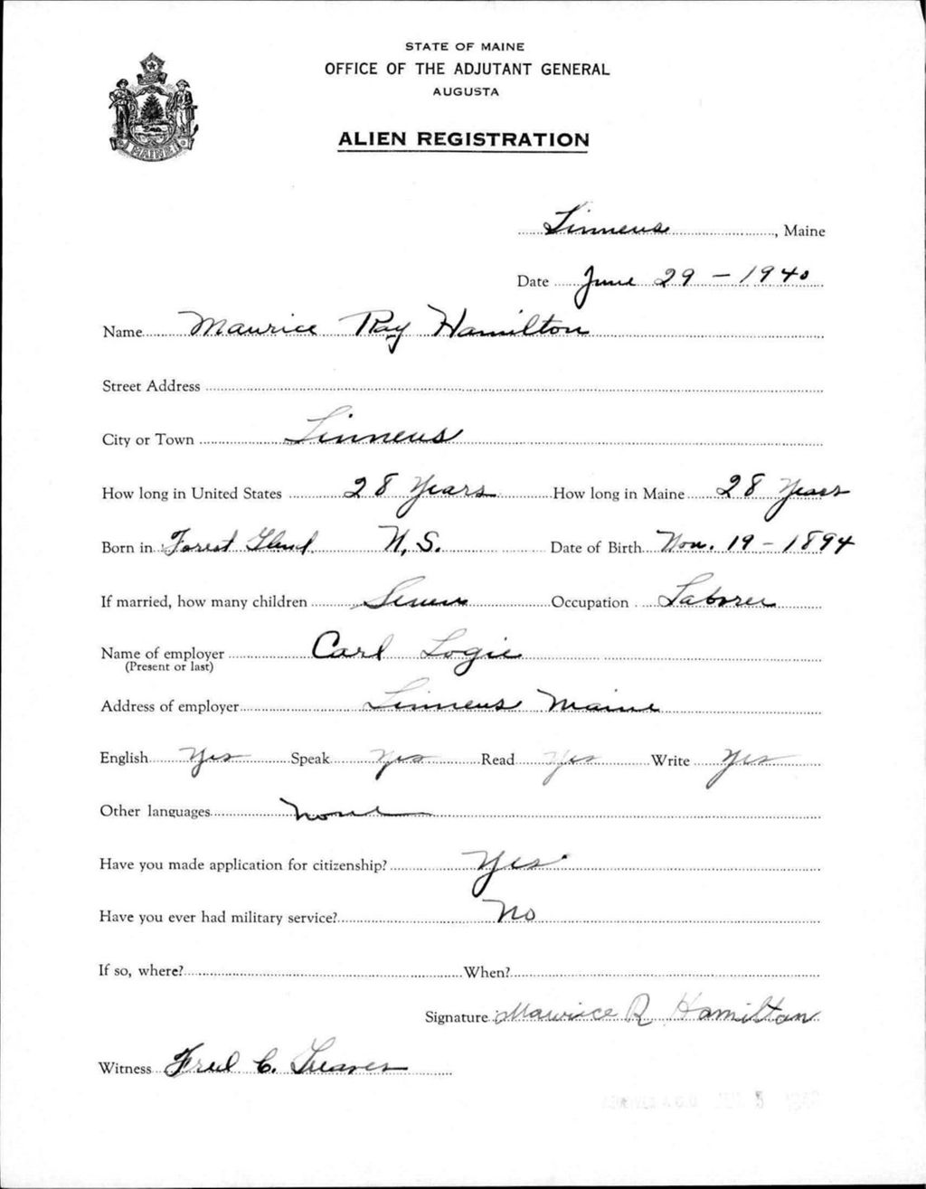 Miniature of Alien Registration- Hamilton, Maurice R. (Limestone, Aroostook County)
