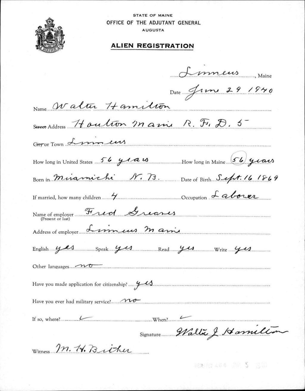 Miniature of Alien Registration- Hamilton, Walter (Limestone, Aroostook County)