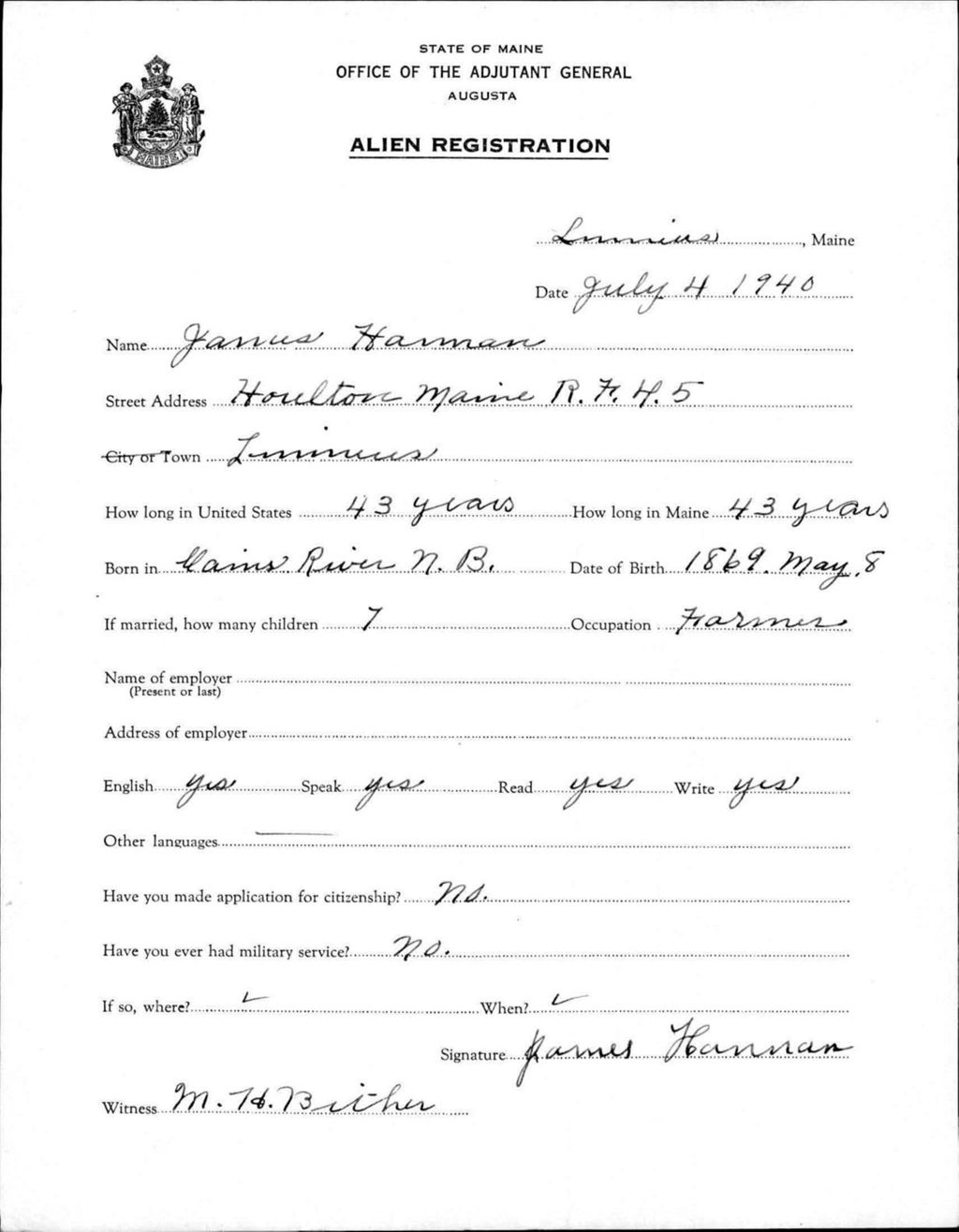 Miniature of Alien Registration- Harman, James (Limestone, Aroostook County)