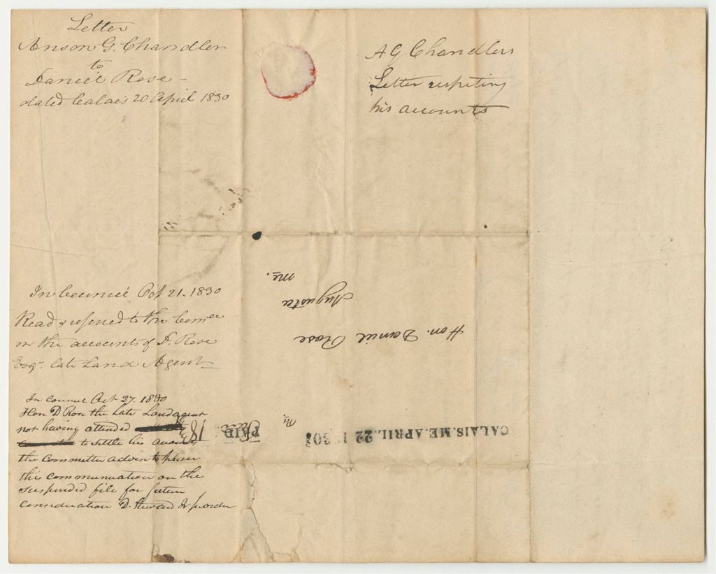 Miniature of Letter from Anson G. Chandler, in Relation to the Account of Daniel Rose
