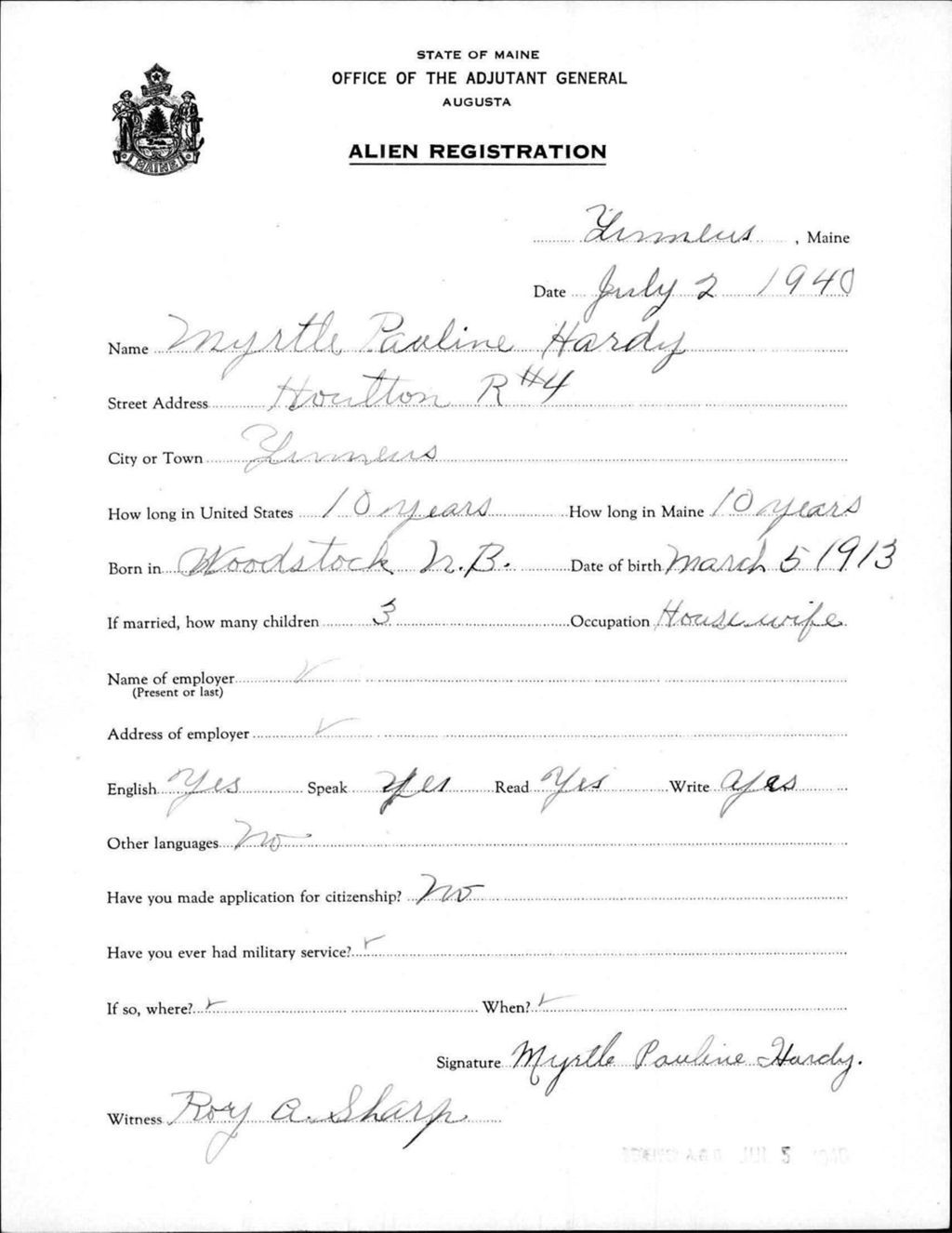 Miniature of Alien Registration- Hardy, Myrtle P. (Limestone, Aroostook County)