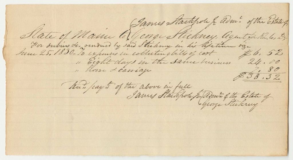 Miniature of Account of James Stackpole, Agent to Collect Fines, Forfeitures, and Bills of Cost in Kennebec County