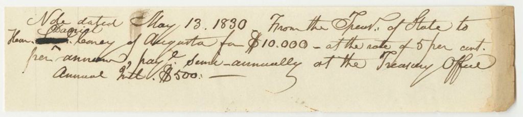 Miniature of Note from the Treasury of State to Daniel Cony for Interest on His Loan to the State