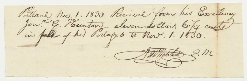 Miniature of Receipt from the Portland Post Office for Postage for J.G. Hunton