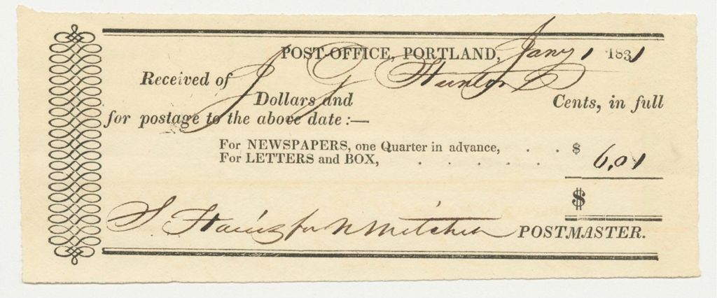 Miniature of Receipt from the Portland Post Office for Postage for J.G. Hunton