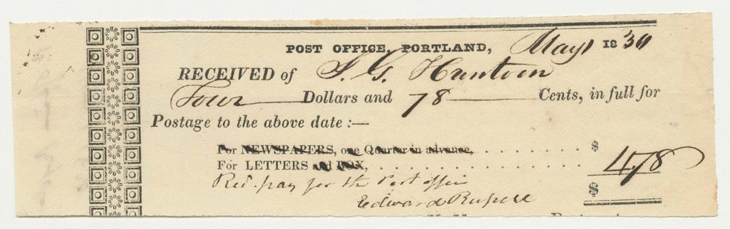 Miniature of Receipt from the Portland Post Office for Postage for J.G. Hunton