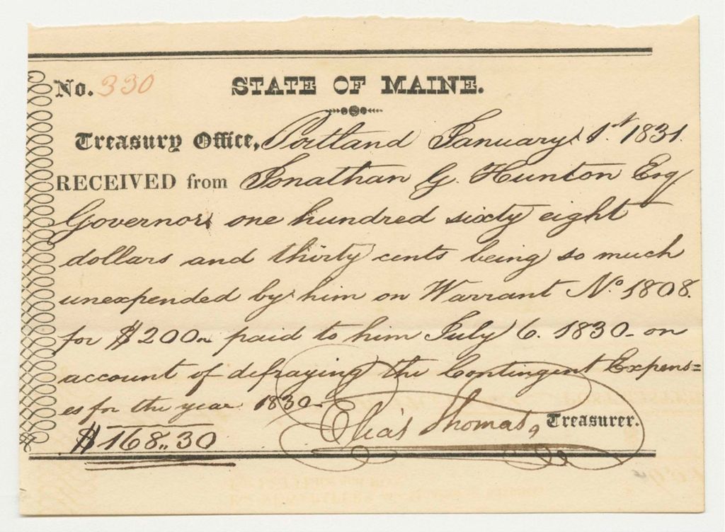 Miniature of Warrant for Jonathon G. Hunton, Esq, Governor, for Contingent Expenses