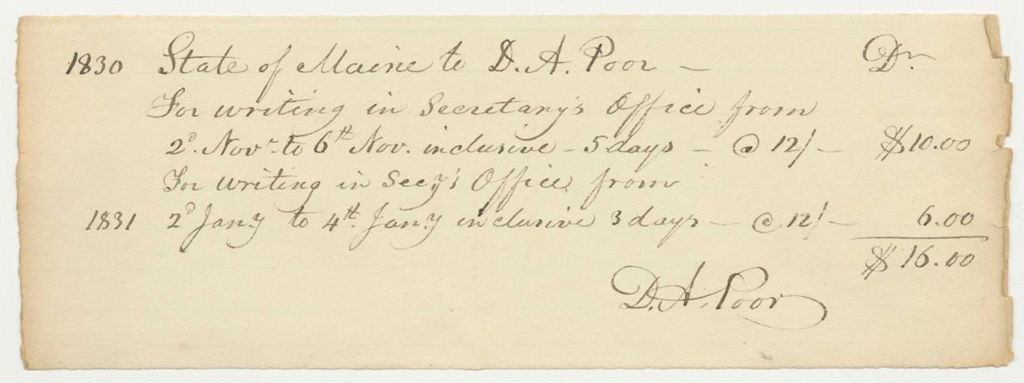 Miniature of Account of Daniel A. Poor, Clerk in the Secretary of State's Office