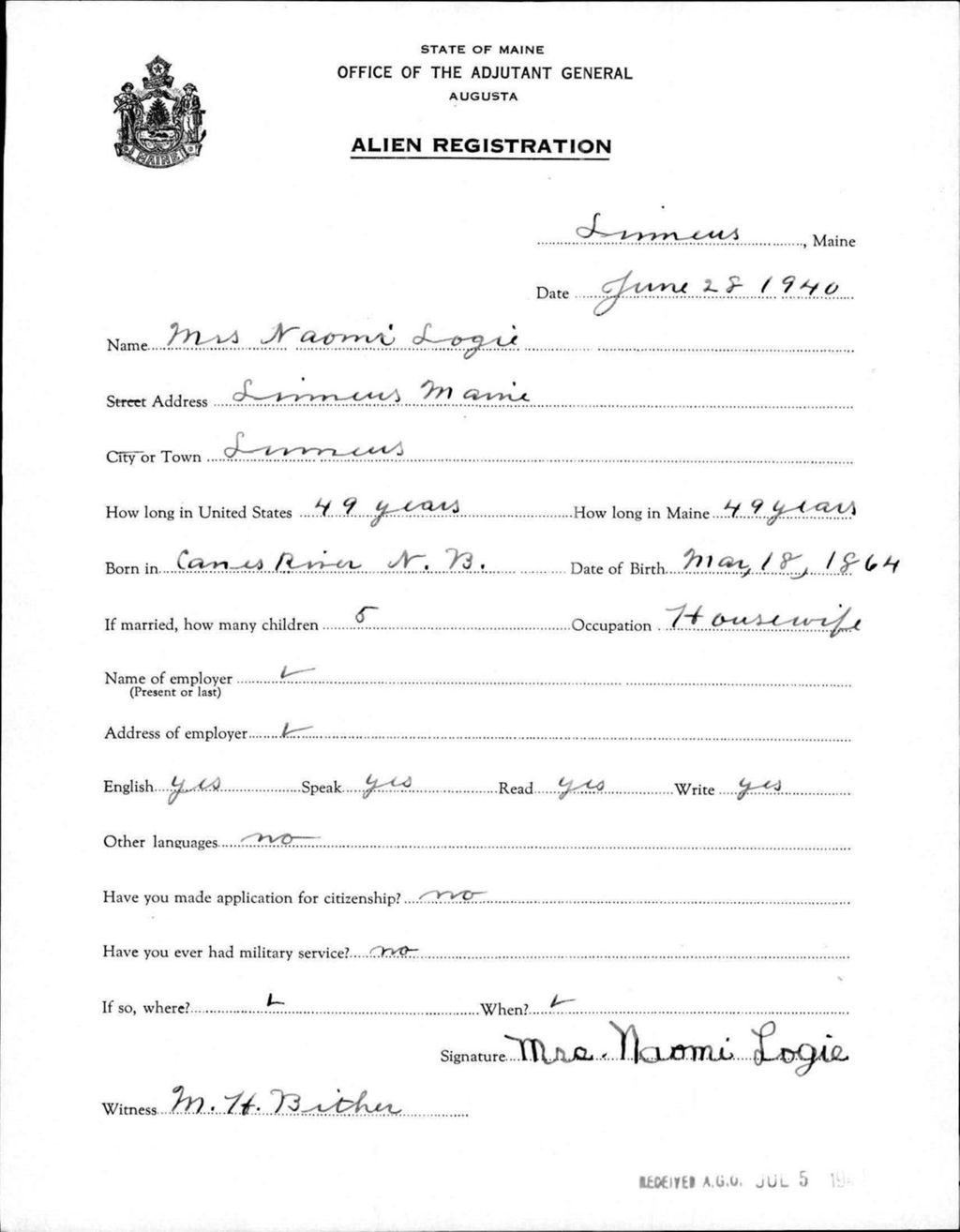 Miniature of Alien Registration- Logie, Naomi (Limestone, Aroostook County)