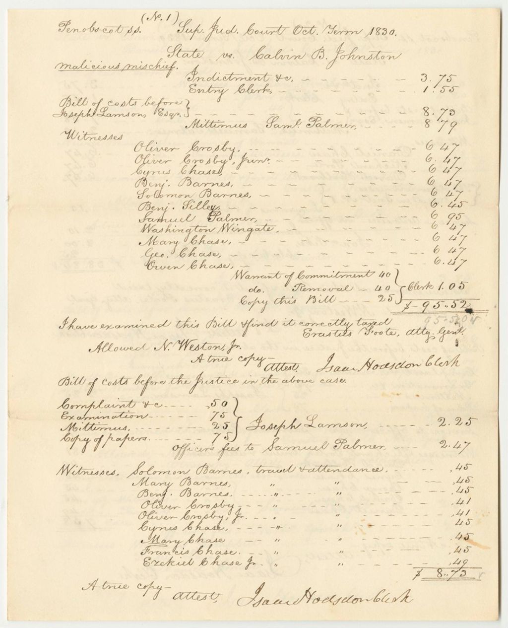 Miniature of Bills of Costs in the Supreme Judicial Court of Penobscot, October Term 1830