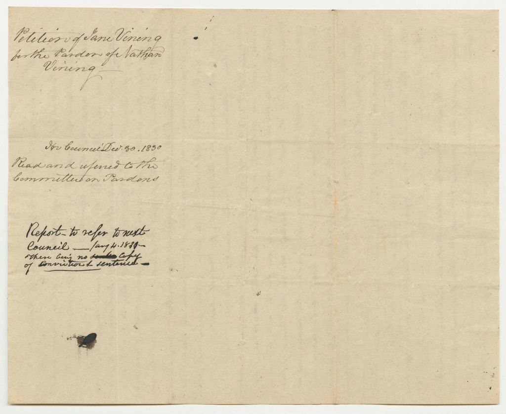Miniature of Petition of Jane Vining for the Pardon of Nathan Vining