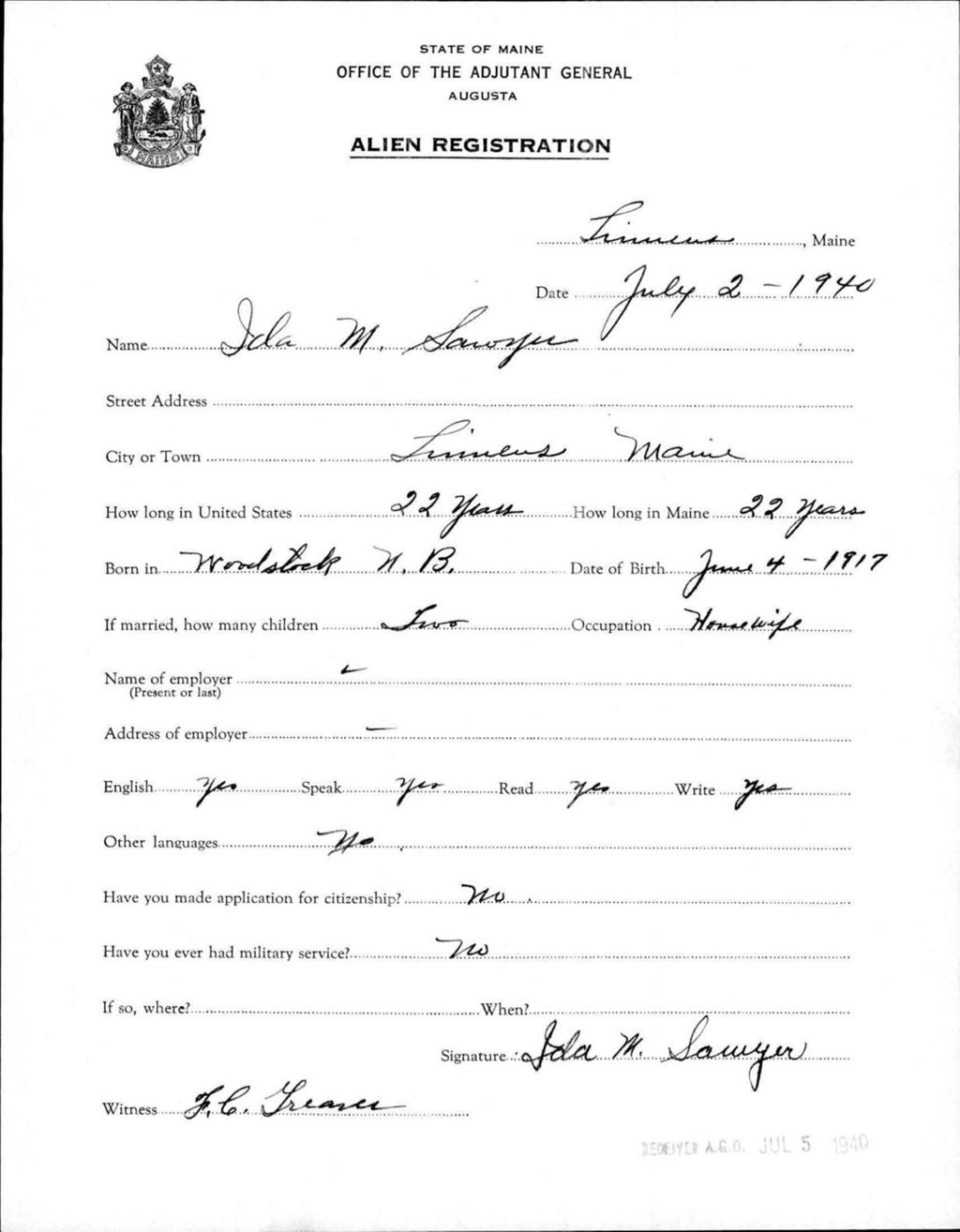 Miniature of Alien Registration- Sawyer, Ida M. (Limestone, Aroostook County)