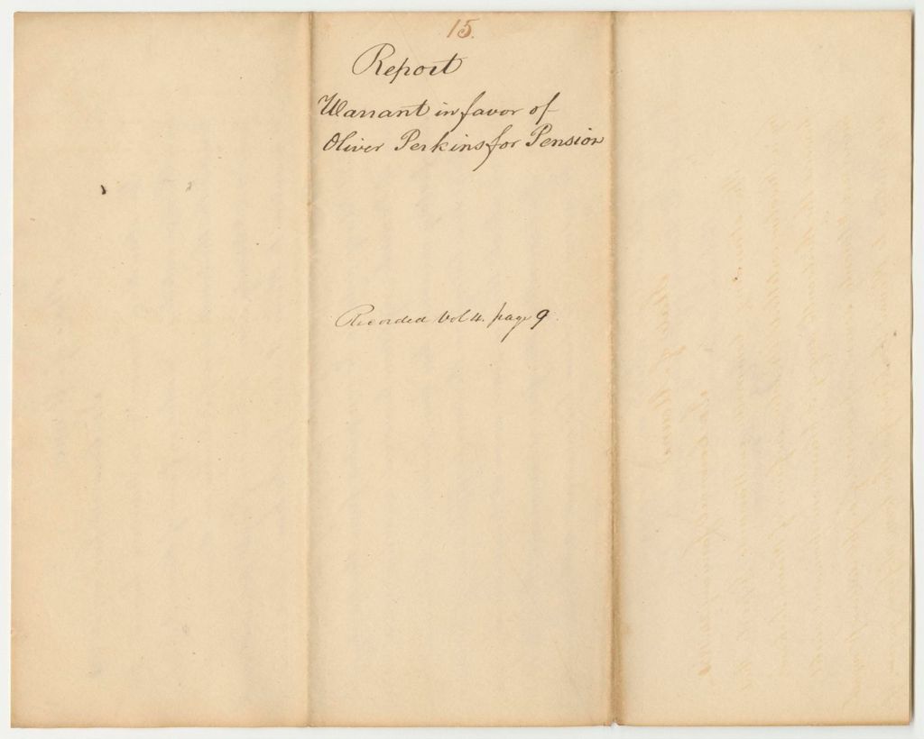 Miniature of Report 15: Report on the Warrant in Favor of Oliver Perkins for a Pension