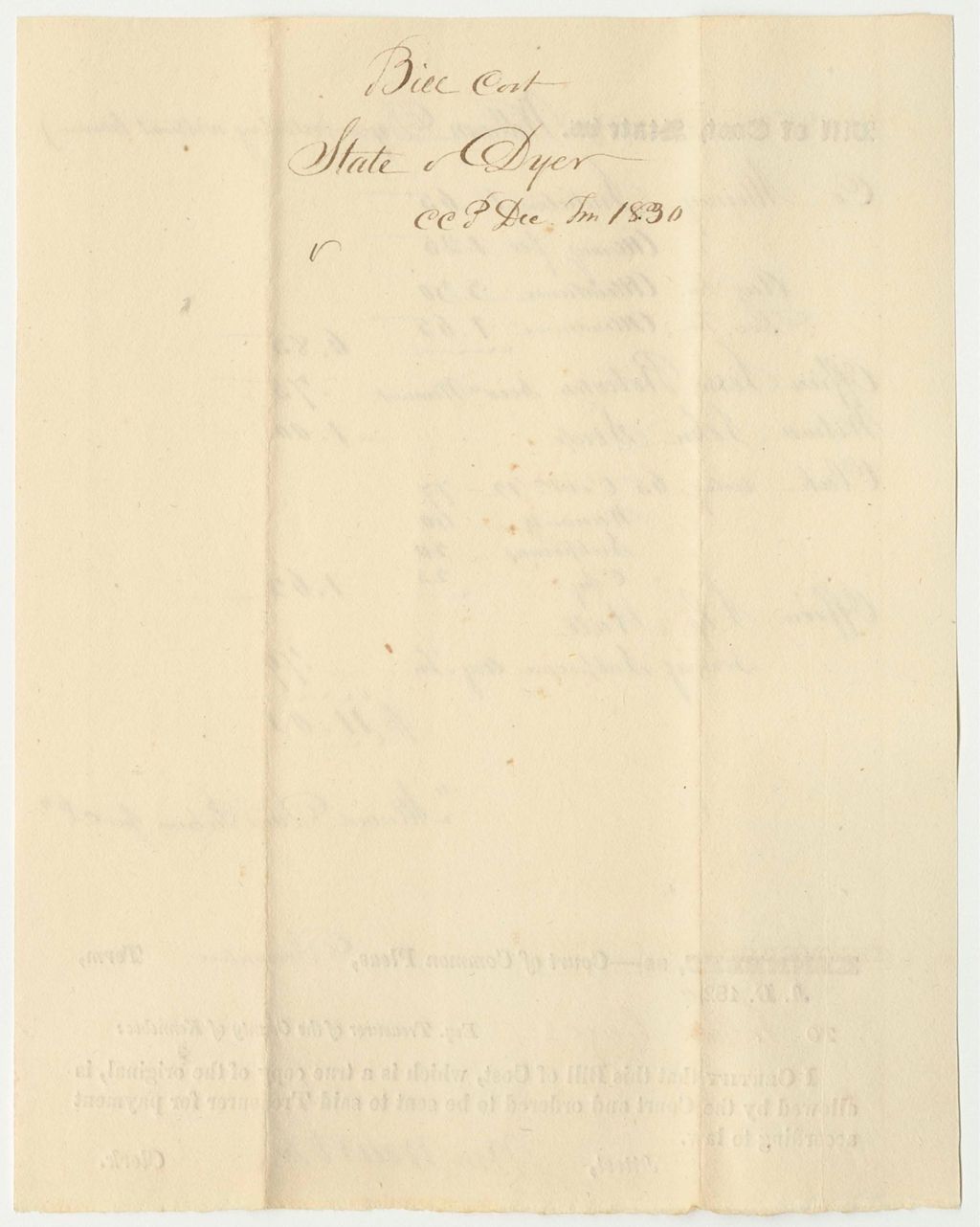 Miniature of State of Maine v. William Dyer, Bill of Cost in the Court of Common Pleas in Kennebec, December Term 1830