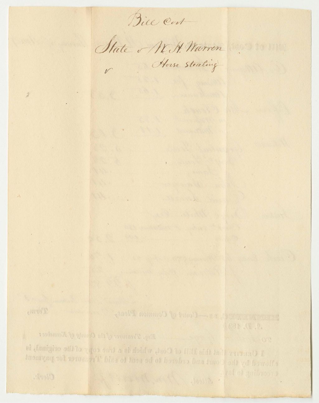 Miniature of State of Maine v. William H. Warren (Larceny of Horse), Bill of Cost in the Court of Common Pleas in Kennebec, December Term 1830