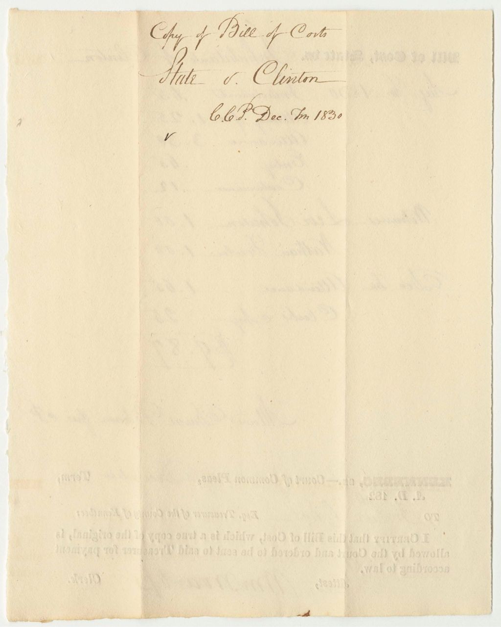 Miniature of State of Maine v. Inhabitants of Clinton, Bill of Cost in the Court of Common Pleas in Kennebec, December Term 1831