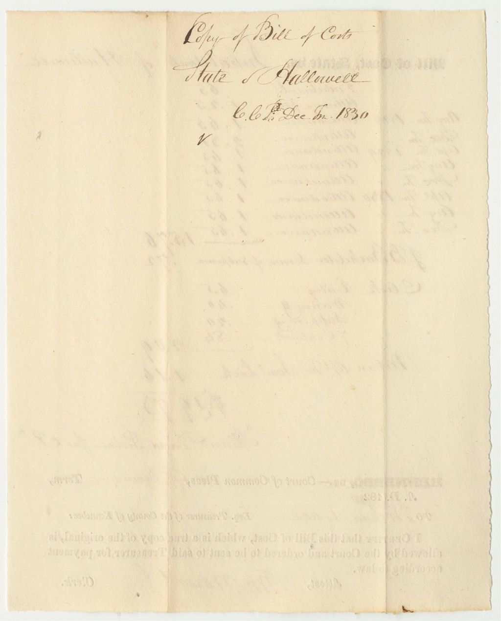 Miniature of State of Maine v. Inhabitants of Hallowell, Bill of Cost in the Court of Common Pleas in Kennebec, December Term 1832