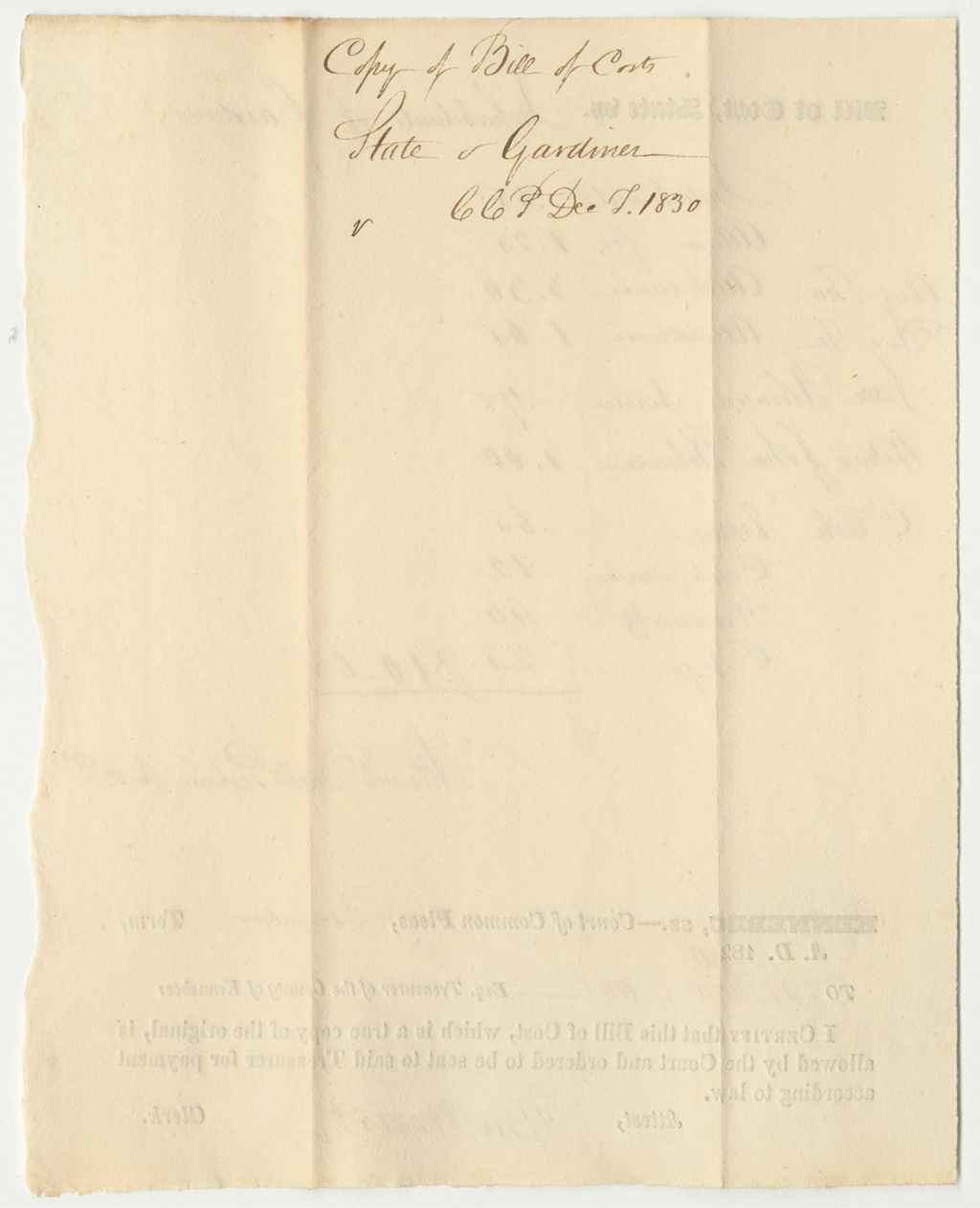 Miniature of State of Maine v. Inhabitants of Gardiner, Bill of Cost in the Court of Common Pleas in Kennebec, December Term 1830