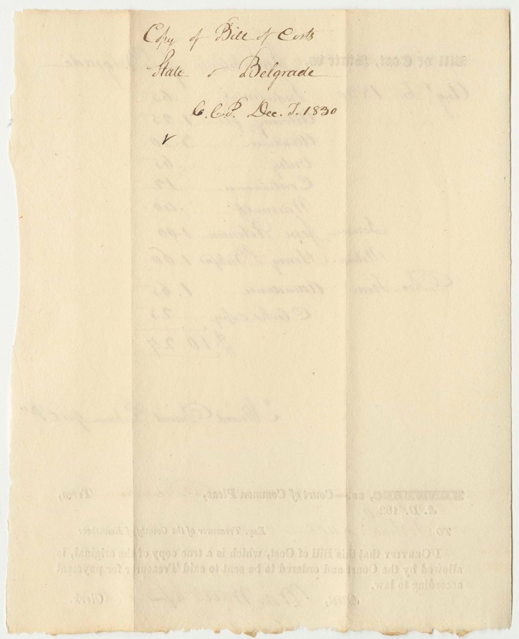 Miniature of State of Maine v. Inhabitants of Belgrade, Bill of Cost in the Court of Common Pleas in Kennebec, December Term 1830