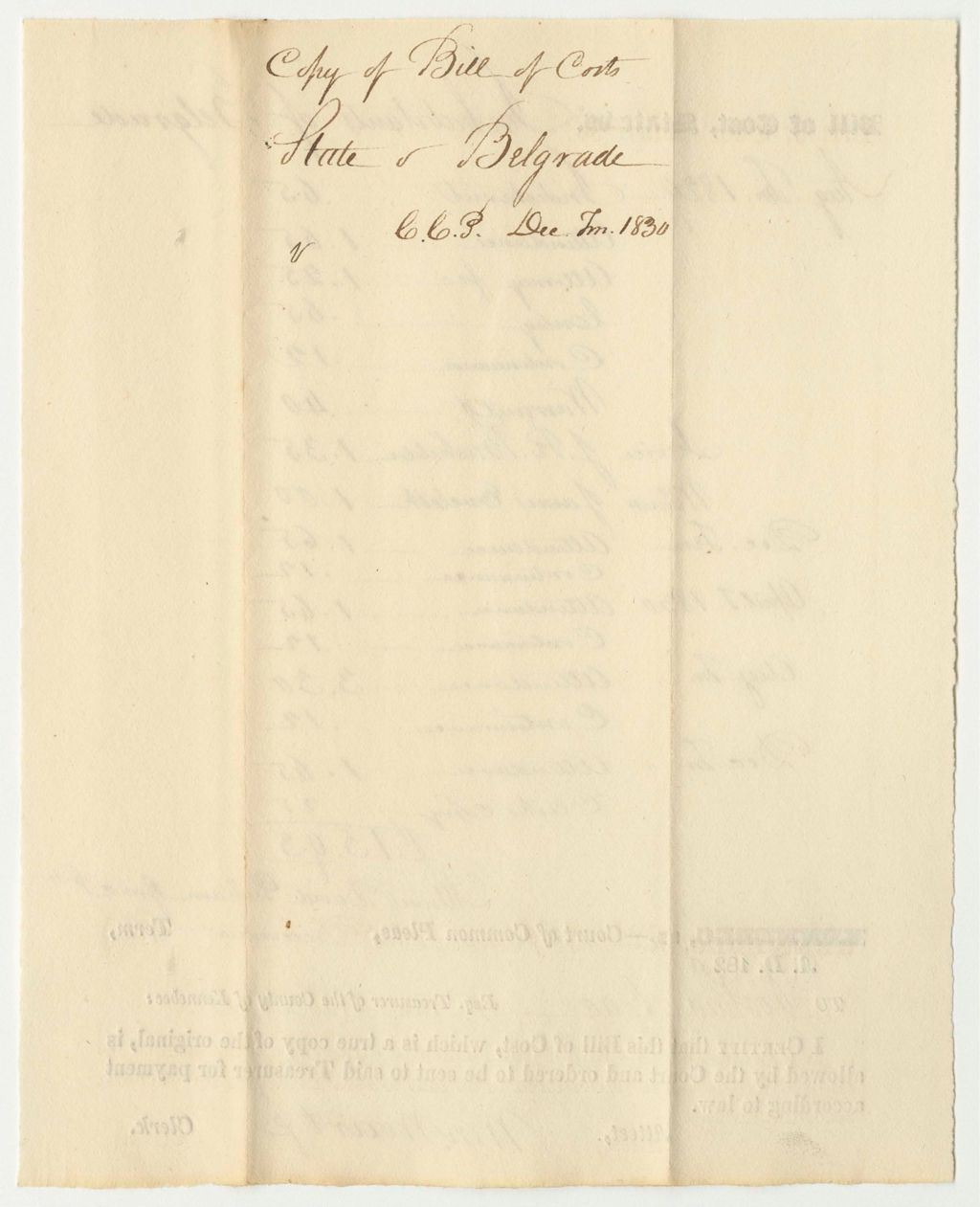 Miniature of State of Maine v. Inhabitants of Belgrade, Bill of Cost in the Court of Common Pleas in Kennebec, December Term 1831