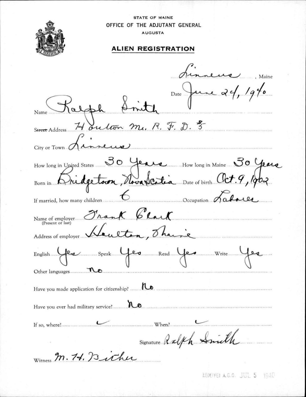 Miniature of Alien Registration- Smith, Ralph (Limestone, Aroostook County)